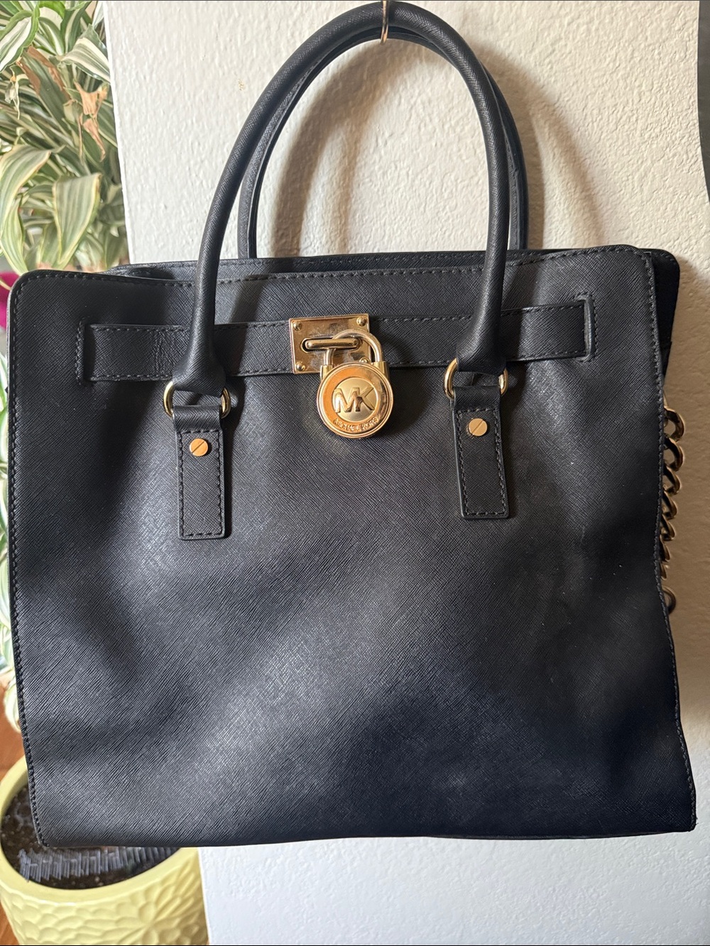 Michael Kors Black Leather Satchel with Gold Accent Lock